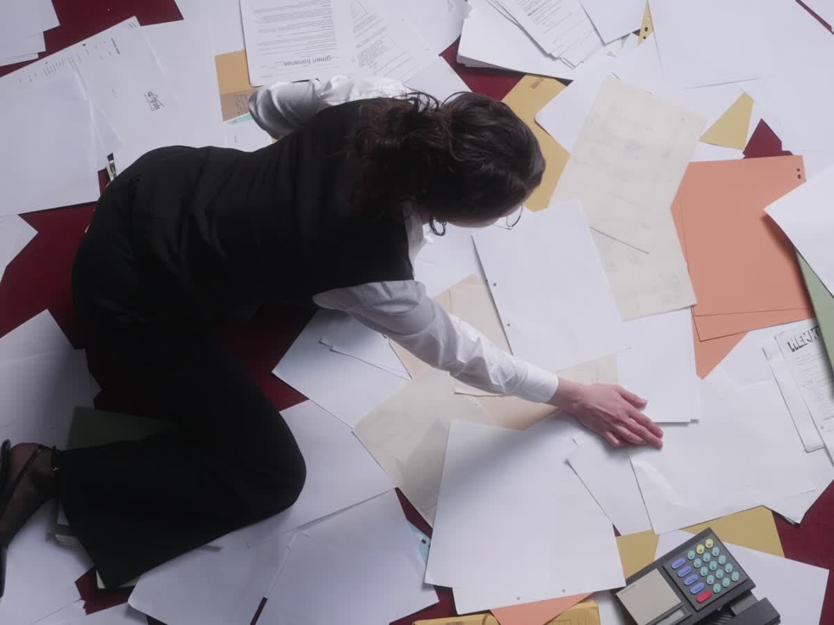 Someone kneeling on the floor, searching through scattered printed pages